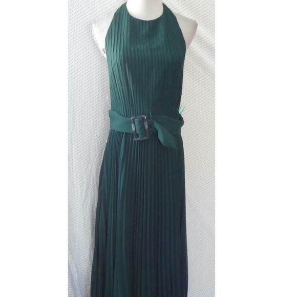 NEW Fame & Partners FOREST GREEN The Felice HALTER Pleated BELT Evening GOWN 10 - Picture 15 of 16